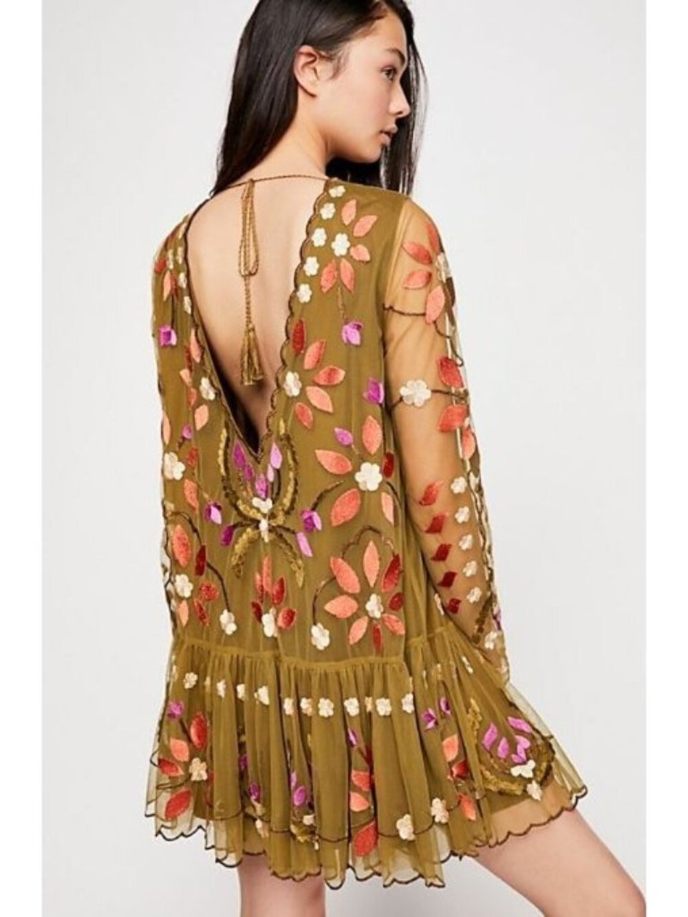 Free People Olive Hearts Are Wild Floral Embroidered Mini Dress Womens Large - Picture 2 of 8